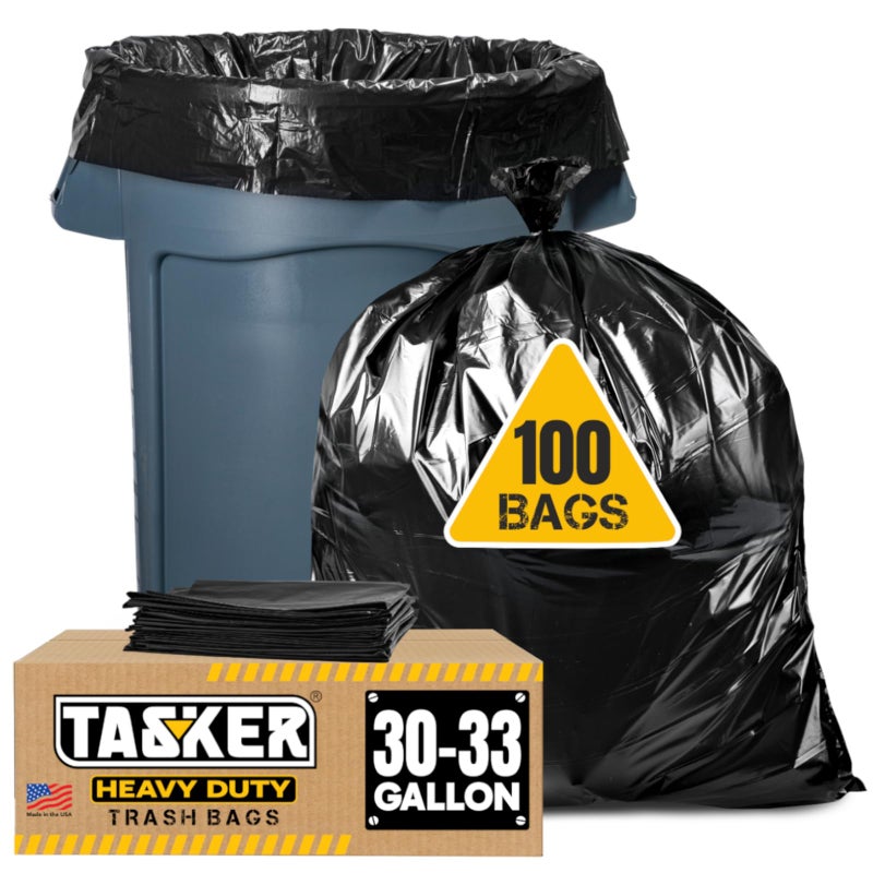 tasker 30-33 Gallon Trash Bags Heavy Duty (100 Bags w/Ties Value Pack), Large Black Trash Bags 30 Gallon - 32 Gallon - Image 1